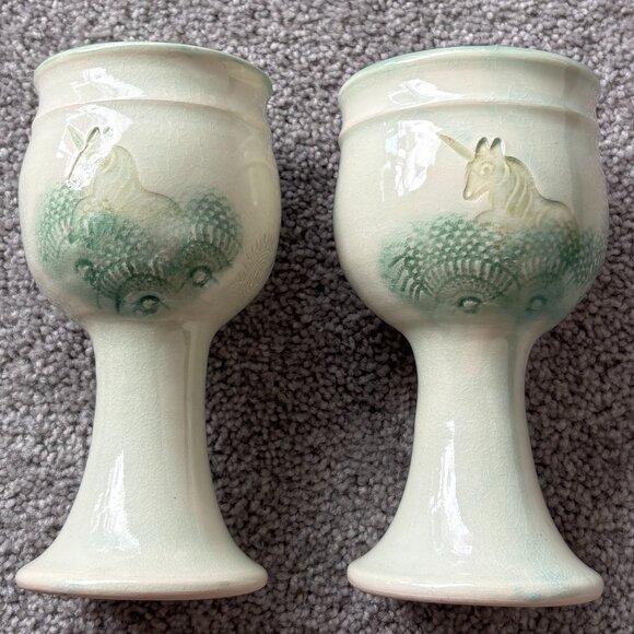 Unicorn Goblets Handmade Ceramic Pale Green Set of 2 - Picture 1 of 9